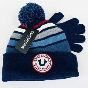 True Religion Kids Hat & Gloves 2-Pieces Set Blue Multi Logo Front One Size NWT